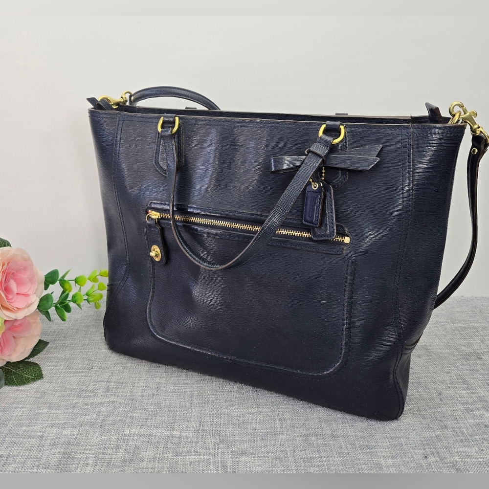 COACH 25042 Blair Tote Bag Navy‎ Textured Patent Leather Purse  Shoulder Bag